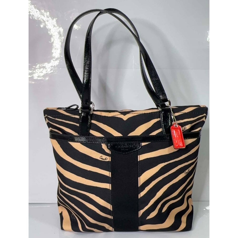 Coach F23283 Signature Stripe Zebra Print Tote Black Tan Patent Shoulder Bag Y2K